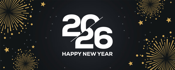 Festive black banner with bold white 2025 Happy New Year typography, surrounded by elegant golden fireworks and sparkling stars, perfect for holiday greetings, celebrations, party invitations. © bibin