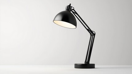 Modern black desk lamp on white surface against neutral backdrop