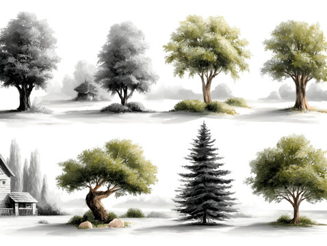 2d simple and minimalistic photoshop brushes for bush and tree , sprite sheet, which are black in white background