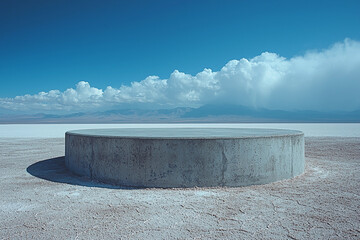 Lonely round concrete platform in vast salt flat area Generative AI