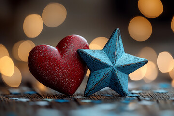 Red heart and blue star rest side by side on a surface Generative AI