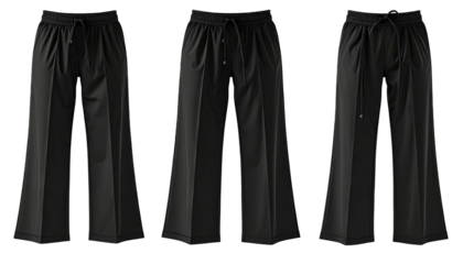 Three identical pairs of black, wide-leg trousers side-by-side