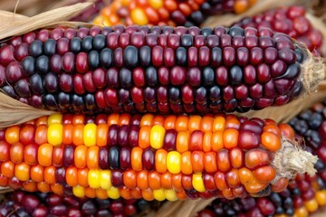 Different kinds of corn are shown at a market stand with bright colors and various patterns that attract visitors in the fall