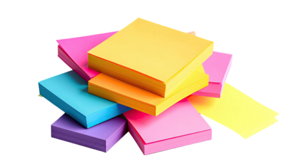 Colorful stack of square sticky notes, brightly lit on a dark background