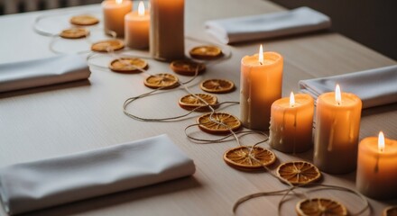 Warmly lit dinner table with candles and dried orange slices on a decorative metal runner for a new year celebration.