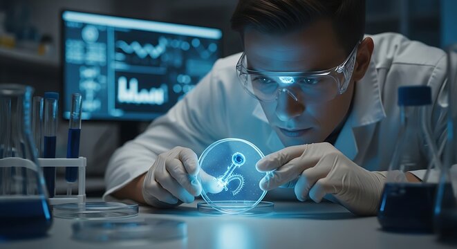 Scientist in protective goggles studying a glowing blue bacteriophage model in a petri dish within a modern high-tech research laboratory. - Powered by Adobe