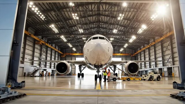 Commercial airplane nose visible inside large aircraft hangar with ground crew