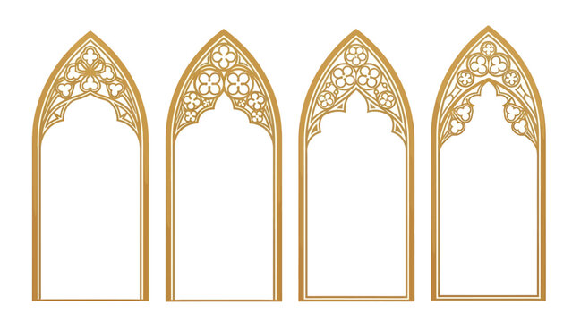 Gothic Arch Window Frames Ornate Golden Decorative Elements.
