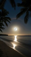 Obraz premium Serene beachfront illuminated by a radiant full moon under tranquil tropical sky