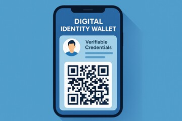 A mobile device showcases a digital identity wallet containing verifiable credentials and a QR code for verification purposes.