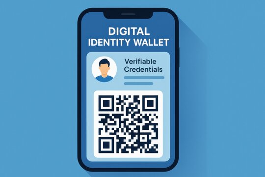 A mobile device showcases a digital identity wallet containing verifiable credentials and a QR code for verification purposes. - Powered by Adobe