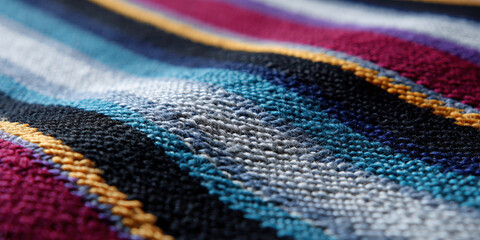Colorful striped textile woven fabric ethnic pattern closeup texture soft material blue teal magenta yellow black artisan craft cozy home decor cultural design tactile surface
