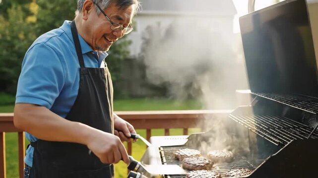 Man grilling burgers on outdoor gas bbq grill