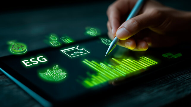 esg, sustainability, energy, renewable, eco, environment, A hand uses a digital pen on a tablet with glowing ESG charts, symbolizing sustainability analysis and green investment - Powered by Adobe