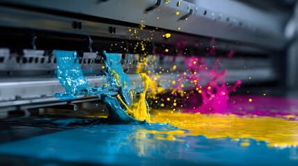 Close-up of a printer spraying vibrant cyan, yellow, and magenta ink during operation.