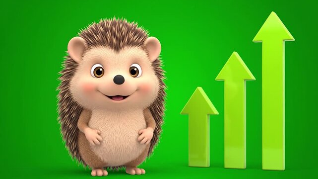 A cute hedgehog smiles beside growing green arrows, on green backdrop, suggesting success