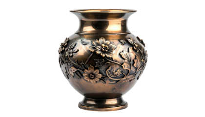 Bronze vase, floral relief, decorative, elegant, isolated on black