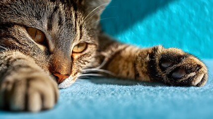 Close-up of a relaxed tabby cat resting on a vibrant blue surface, enjoying the sunlight.