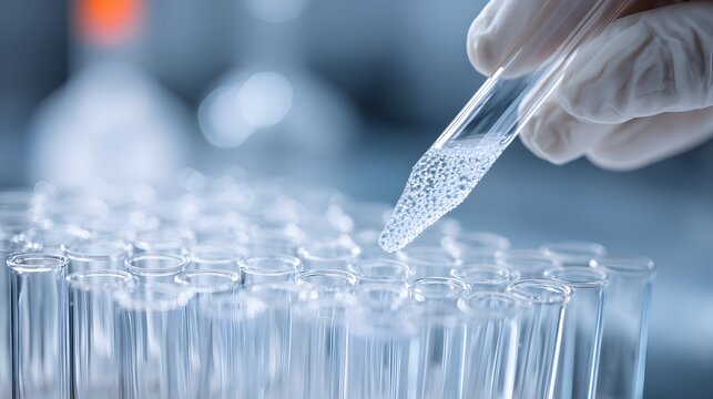 Close-up of a scientists hand holding a pipette with liquid and test tubes.