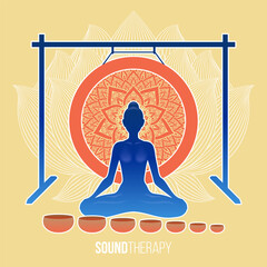 Meditating woman with gong and singing bowls on lotus flower background. Sound healing session, sound therapy concept. Spiritual mindfulness