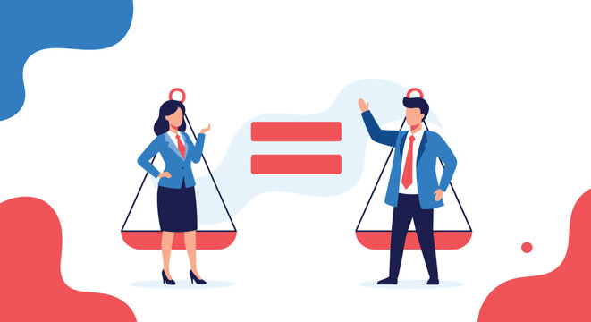 Man and woman in professional suits standing on balance scales with a large equals sign symbolizing gender equality in the workplace.