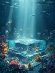 Transparent cube with coral inside underwater