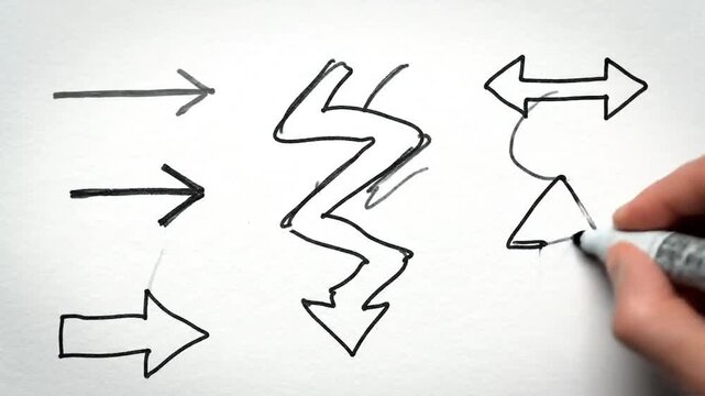 Hand drawing arrows and lightning bolt diagram on a white surface with a black marker