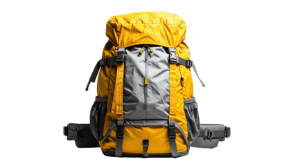 A rugged, yellow and grey travel backpack, studio lit against black