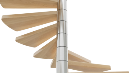 Wooden spiral staircase with metal pole isolated PNG, modern interior design element on transparent background for architecture projects