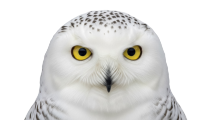 Striking snowy owl head isolated PNG on transparent background, majestic bird with yellow eyes and speckled feathers, wildlife design element