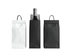 Bottle in two bags white, black. Black bag holding a wine bottle