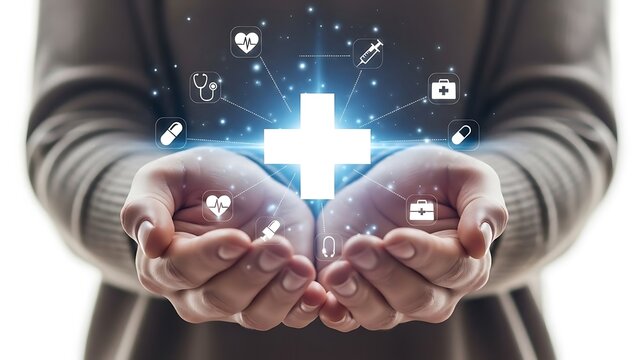 Hands cradling glowing medical cross with health icons floating above - Powered by Adobe