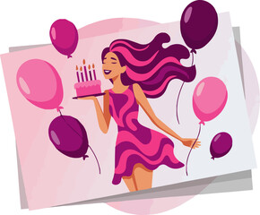 Obraz premium Isolated a Happy birthday greeting card clipart design. Birthday girl invitation card and wishes clip art with floating balloons vector art with white background.