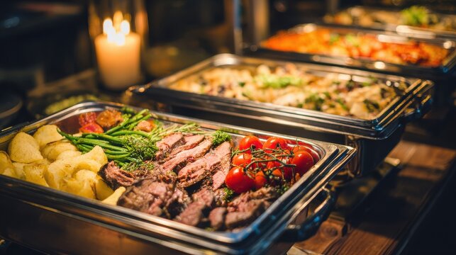 Luxury catering buffet with various hot dishes including roast beef, potatoes, and vegetables