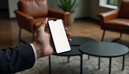 Businessman holding smartphone with blank white screen on modern coffee table in upscale lounge, mobile mockup and modern lifestyle concept