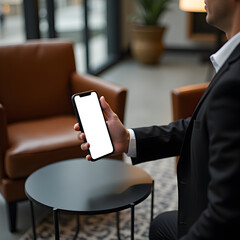 Businessman holding smartphone with blank white screen on modern coffee table in upscale lounge, mobile mockup and modern lifestyle concept