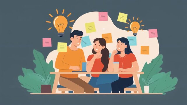 Three diverse individuals collaboratively brainstorm creative solutions and innovative ideas in a dynamic team meeting environment, illuminated by bright lightbulbs.
