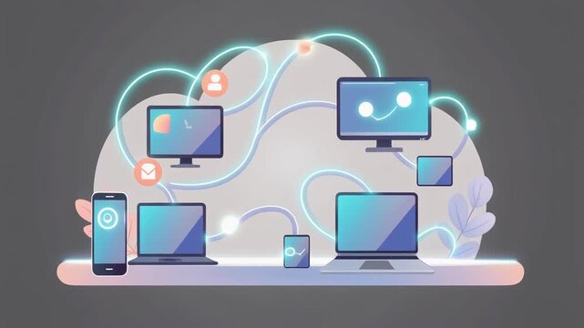 A vibrant digital network illustrates seamless data exchange and connectivity across various devices, symbolizing modern cloud computing infrastructure. - Powered by Adobe