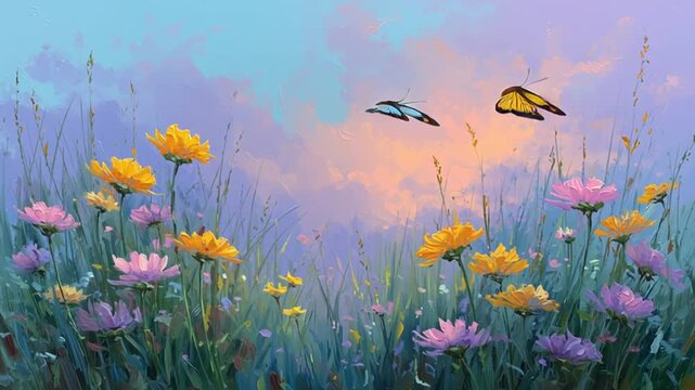 preciso fondo pintado al  &oacute;leo de un campo colorido primaveral con mariposas de colores volando entre las flores
