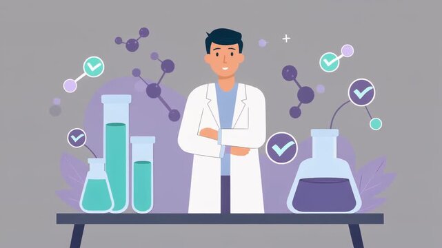 A confident male scientist in a white lab coat stands with arms crossed, surrounded by beakers, test tubes, and molecular structures, symbolizing research and discovery.