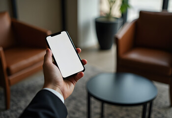 Businessman holding smartphone with blank white screen on modern coffee table in upscale lounge, mobile mockup and modern lifestyle concept
