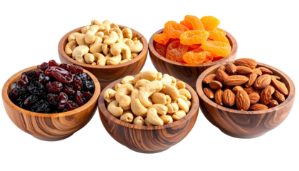 Wooden bowls of assorted nuts and dried fruits sit against a dark background