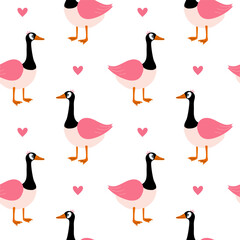 Fototapeta premium Seamless pattern with goose for Valentine's Day, hand drawn doodle style, Valentine's Day love theme, hearts and romantic symbols, isolated on white background, vector