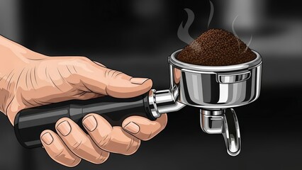 Hand holding a steaming portafilter filled with fresh coffee grounds, ready for brewing espresso.
