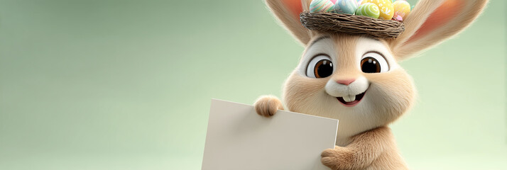 An Adorable Cartoon Easter Bunny with a Bird-Nest Hat full of Colorful Easter Eggs, Holding a Blank White Sign Against a Pastel Green Background with Copy Space. Easter Greeting Card. Generative Ai.