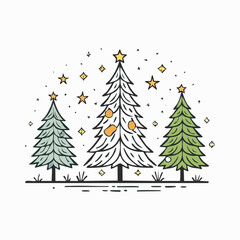 Fototapeta premium Simple triangular tree silhouette accented with minimal white doodle ornaments and a bold star. Clean, high-contrast flat design.