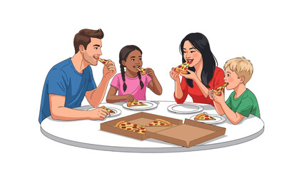 Family eating pizza at a round table