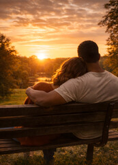 Couple Sitting on Park Bench Watching Sunset Together
