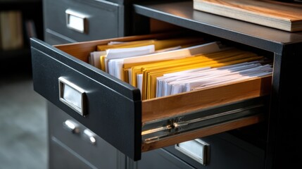 Open metal filing cabinet drawer filled with organized manila and white file folders in an office