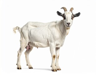 Photo of a domestic goat isolated on a white background. Ideal for farm, livestock, and animal photography projects